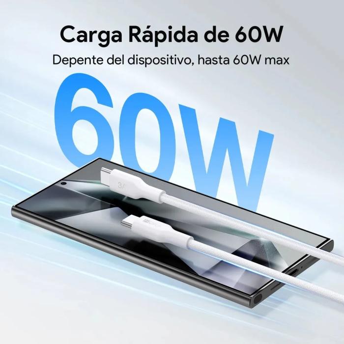 Cable Tipo C a Tipo C con Carga Rápida 60W, 3A, 480 Mbps y Diseño Trenzado, de 1 Metro - Blanco
