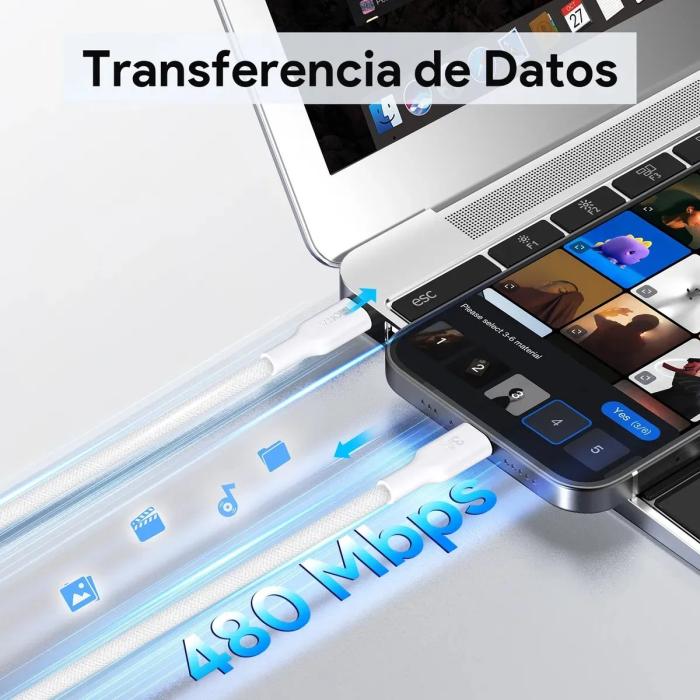 Cable Tipo C a Tipo C con Carga Rápida 60W, 3A, 480 Mbps y Diseño Trenzado, de 1 Metro - Blanco