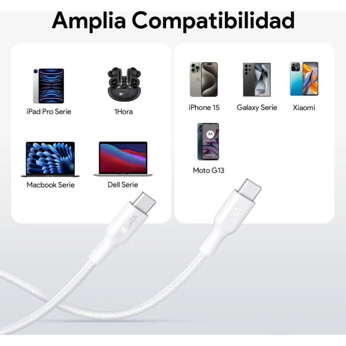 Cable Tipo C a Tipo C con Carga Rápida 60W, 3A, 480 Mbps y Diseño Trenzado, de 1 Metro - Blanco